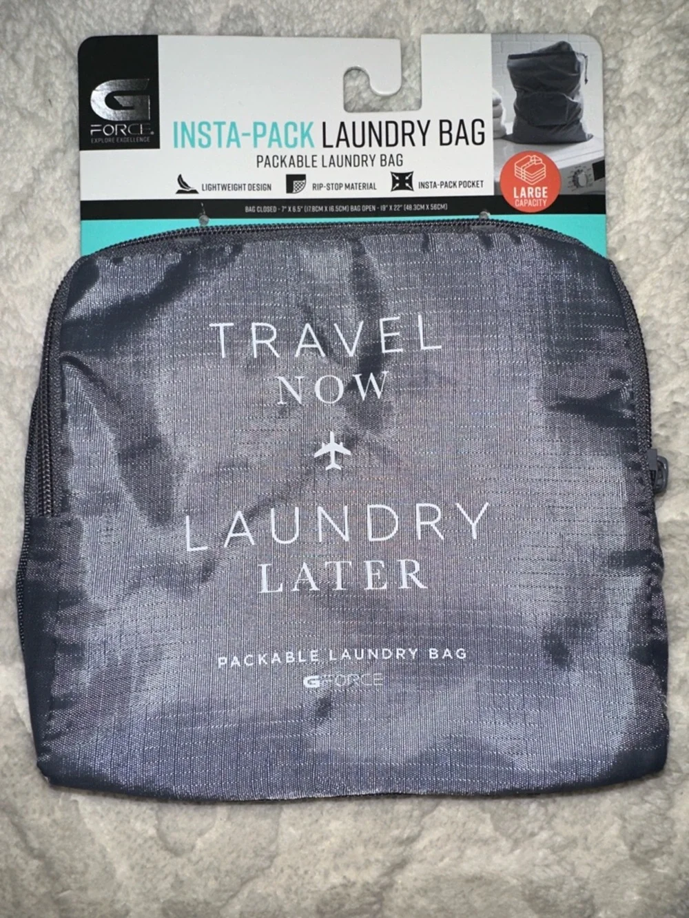 GFORCE Gray White “Travel Now Laundry Later” Zip Foldable Travel Laundry Bag